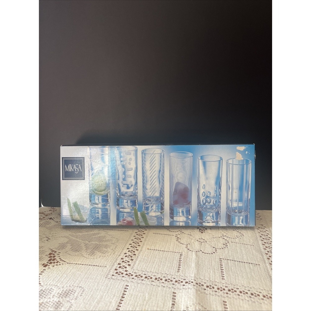 Mikasa CHEERS Collection Set 6 Etched Designs Crystal Shot Glasses 4" 2oz‎ NIB